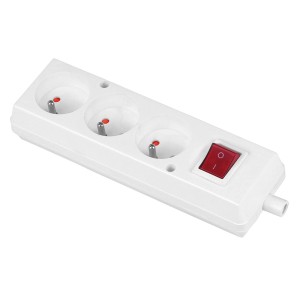 Biała listwa zasilająca z 3 gniazdami i wyłącznikiem do użytku wewnętrznego.