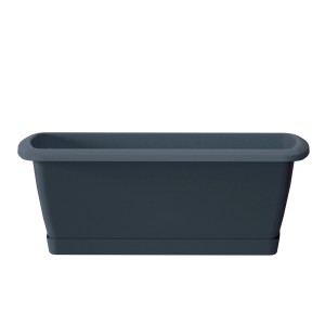 Ciemnoszara plastikowa skrzynka na kwiaty t.b.t. z podstawką.