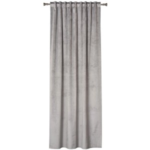 Szara zasłona t.b.t. z taśmą marszczącą.