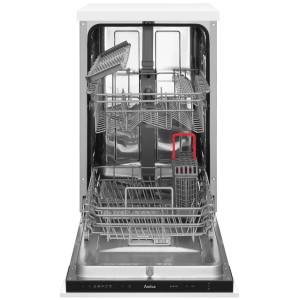 Otwarta zmywarka do zabudowy Amica z koszami na naczynia i koszykiem na sztućce.