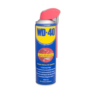 WD-40 produkt wielofunkcyjny, niebieska puszka z czerwoną dyszą i aplikatorem.