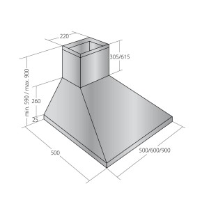 Rysunek techniczny okapu ściennego t.b.t. z wymiarami.
