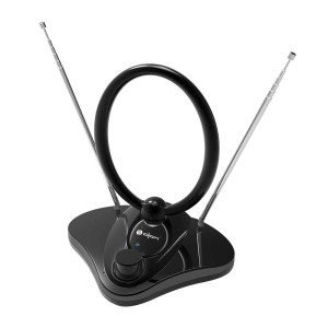 Czarna antena pokojowa z pierścieniem i dwiema antenami teleskopowymi.