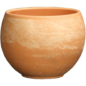 Okrągła doniczka terakotowa z efektem przetarcia, do użytku wewnątrz i na zewnątrz.
