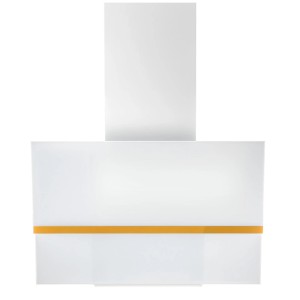 Biały okap ścienny OBI z żółtym akcentem do kuchni.