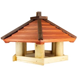 Drewniany karmnik dla ptaków z czerwonym dachem. Idealny do ogrodu. Karmniki dla ptaków.