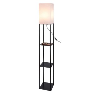 Czarna lampa podłogowa t.b.t. z abażurem z tkaniny i półkami do salonu i sypialni.