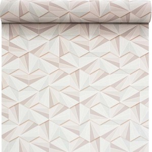 Tapeta t.b.t. z geometrycznym wzorem 3D w odcieniach bieli i różu.