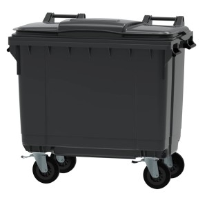 Szary pojemnik na odpady z pokrywą i kółkami dla łatwej utylizacji.