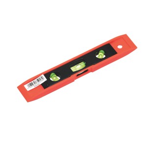 Pomarańczowa poziomica torpedowa z tworzywa sztucznego z 3 libellami do dokładnych pomiarów.