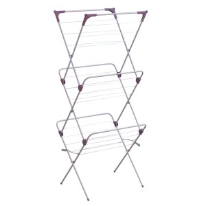 Srebrna suszarka na pranie z trzema poziomami do suszenia ubrań.