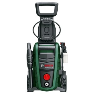 Ciemnozielona myjka ciśnieniowa Bosch Universal Aquatak 125 z czarnym uchwytem, lancą i białym zbiornikiem na detergent.