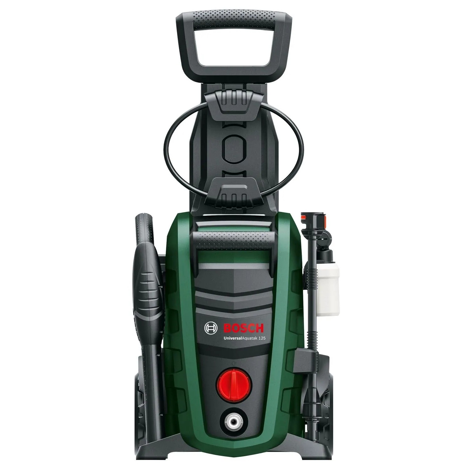 Ciemnozielona myjka ciśnieniowa Bosch Universal Aquatak 125 z czarnym uchwytem, lancą i białym zbiornikiem na detergent.