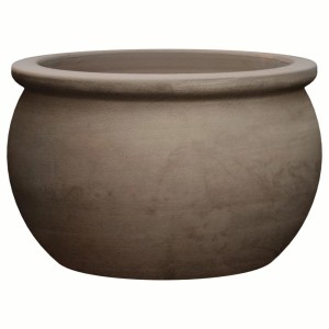 Okrągła, brązowa doniczka t.b.t. do użytku wewnątrz i na zewnątrz.