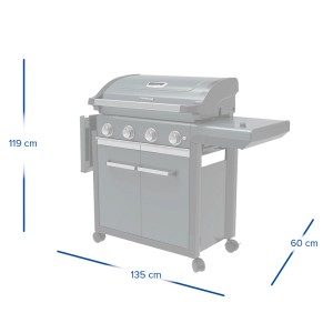 Szary grill gazowy z czterema palnikami i półką boczną, wymiary zaznaczone.