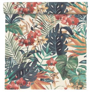 t.b.t. Tapeta dekoracyjna z tropikalnym wzorem liści i kwiatów.