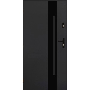 Nowoczesne, czarne drzwi zewnętrzne z prostą klamką i zamkiem.
