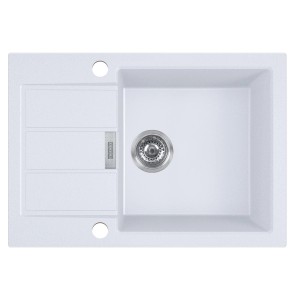 Biały zlewozmywak granitowy t.b.t. z ociekaczem i komorą.