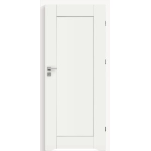 Białe drzwi wewnętrzne t.b.t. o prostym designie z srebrną klamką.