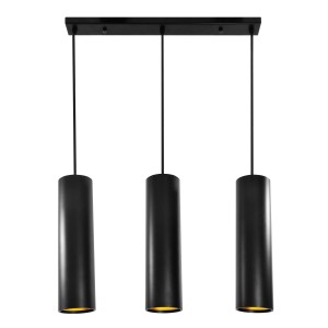 Czarna lampa wisząca t.b.t. z trzema cylindrycznymi kloszami.