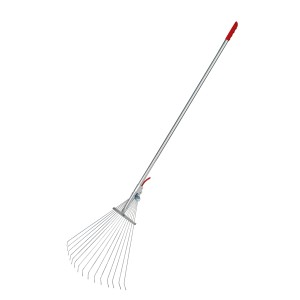 Grabie wachlarzowe z 15 zębami i teleskopowym trzonkiem do usuwania liści i skoszonej trawy.