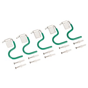 Zestaw 5 szt. haków na narzędzia LUX Classic z powłoką PVC, stal, zielony, wraz ze śrubami i kołkami.