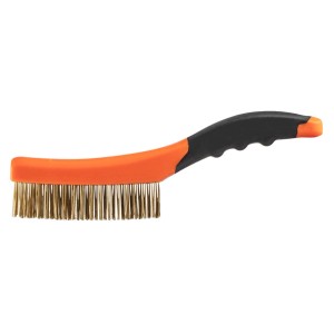 Szczotka druciana z pomarańczową rączką i mosiężnym włosiem do wiertarek.