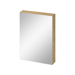 Prostokątna szafka z lustrem z drewnianą ramą w kolorze dębu.