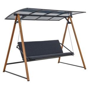 Huśtawka ogrodowa t.b.t. z daszkiem i szarą poduszką.