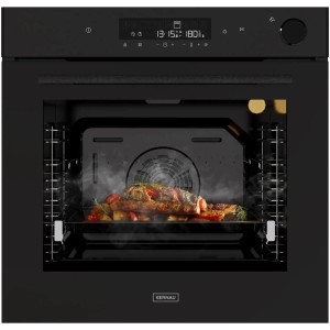 Czarny piekarnik do zabudowy Kernau z jedzeniem w środku.