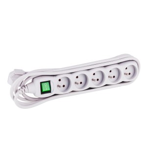 Biała listwa zasilająca t.b.t. z sześcioma gniazdami i zielonym włącznikiem.