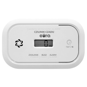 Biały czujnik tlenku węgla t.b.t. z wyświetlaczem i przyciskiem testowym.