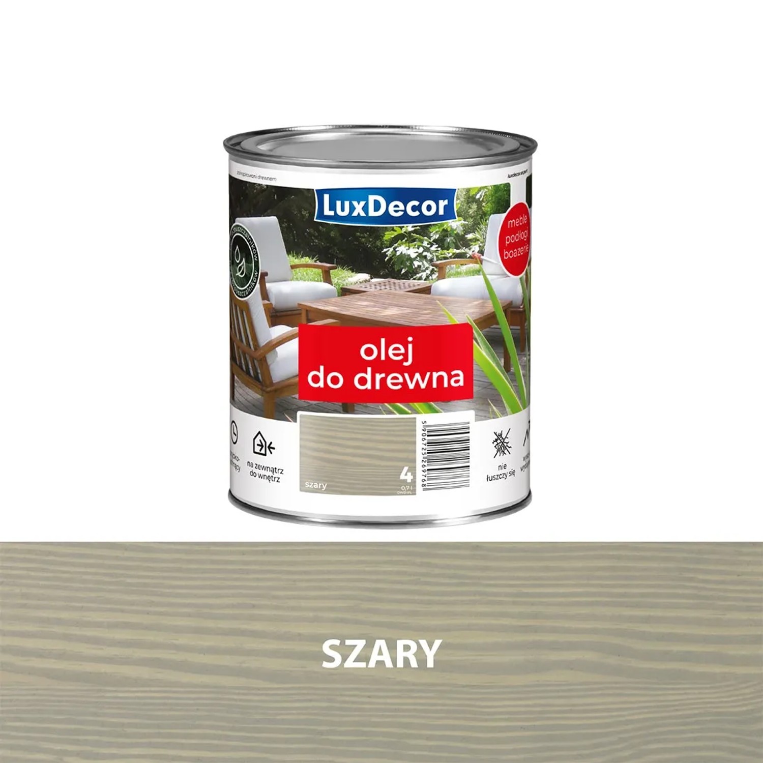 Puszka szarego oleju do drewna LuxDecor. Olej do użytku zewnętrznego, chroni drewno.