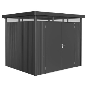 Metalowy domek narzędziowy Biohort HighLine, ciemnoszary metalik, z podwójnymi drzwiami. Nowoczesny design.