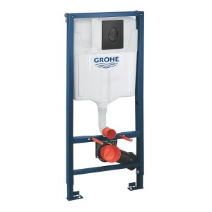 Zestaw WC t.b.t. z niebieską ramą i spłuczką Grohe.