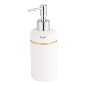 Biały dozownik mydła t.b.t. ze srebrną główką i złotym paskiem dekoracyjnym.
