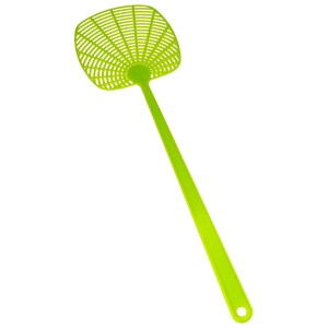 Zielona plastikowa packa na muchy z otworami w główce i rączce.