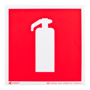 Znak przeciwpożarowy: Biały symbol gaśnicy na czerwonym tle.