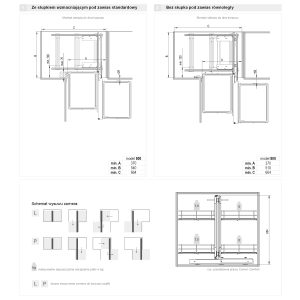 Rysunki techniczne systemu organizacji kuchni t.b.t., różne opcje montażu.