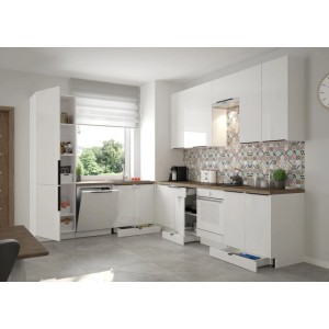 Jasna, nowoczesna kuchnia z kategorii zestawy mebli kuchennych z białymi frontami na wysoki połysk i ciemnym blatem.