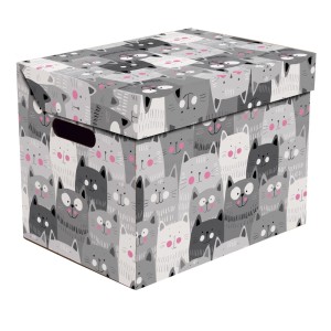 Pudełko kartonowe t.b.t. we wzór kotów, szaro-białe. Idealne do przechowywania.