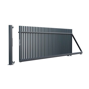 Szary metalowy panel ogrodzeniowy t.b.t. ze słupkiem do ogrodu lub granicy posesji.