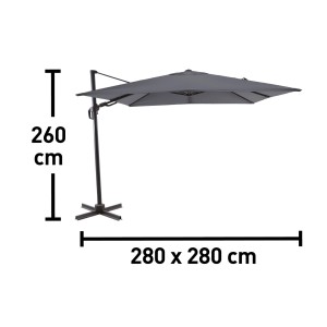 Szary parasol na wysięgniku t.b.t. o wymiarach 280x280 cm i wysokości 260 cm.