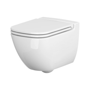 Biała miska wisząca WC (t.b.t.) z zamkniętą deską sedesową.