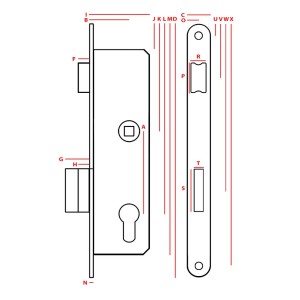 Rysunek techniczny: Zamek do drzwi t.b.t. z wymiarami.