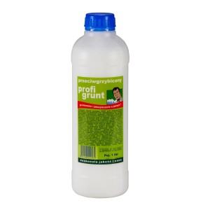 Butelka środka do głębokiego gruntowania, biała butelka z niebieską zakrętką.