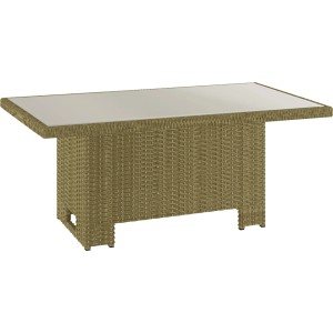 Prostokątny, brązowy stół ogrodowy t.b.t. ze szklanym blatem.