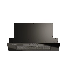 Czarny, płaski okap kuchenny t.b.t. do kuchni.