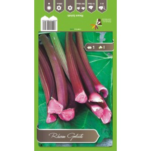 Rabarbar 'Goliath' warzywo: Czerwone i zielone łodygi na opakowaniu.
