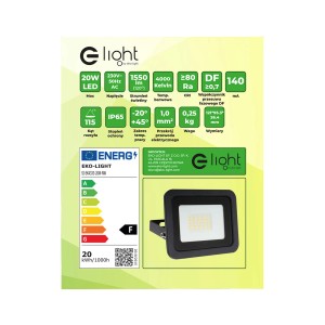 Czarny reflektor LED do użytku zewnętrznego, ze szczegółami dotyczącymi wydajności i efektywności energetycznej na etykiecie.